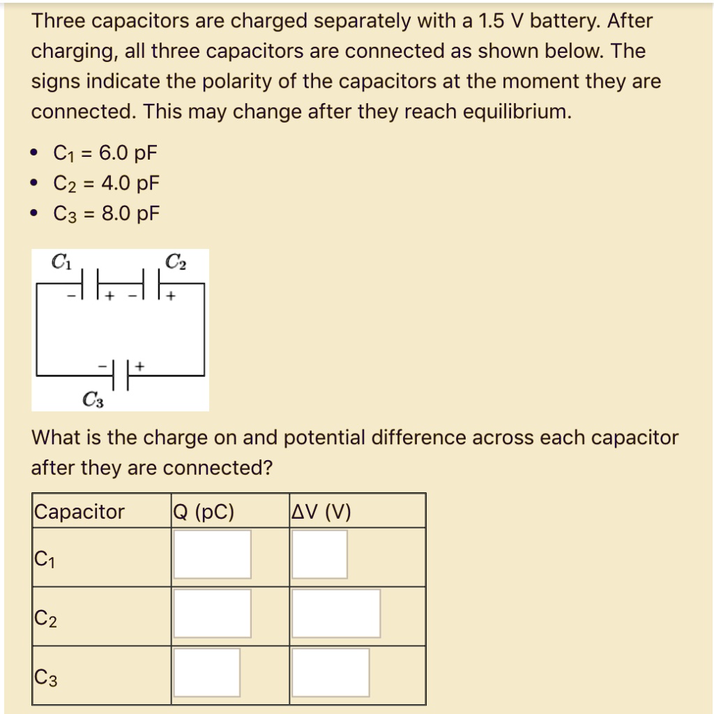 SOLVED Three capacitors are charged separately with a 1.5 V battery After charging, all three