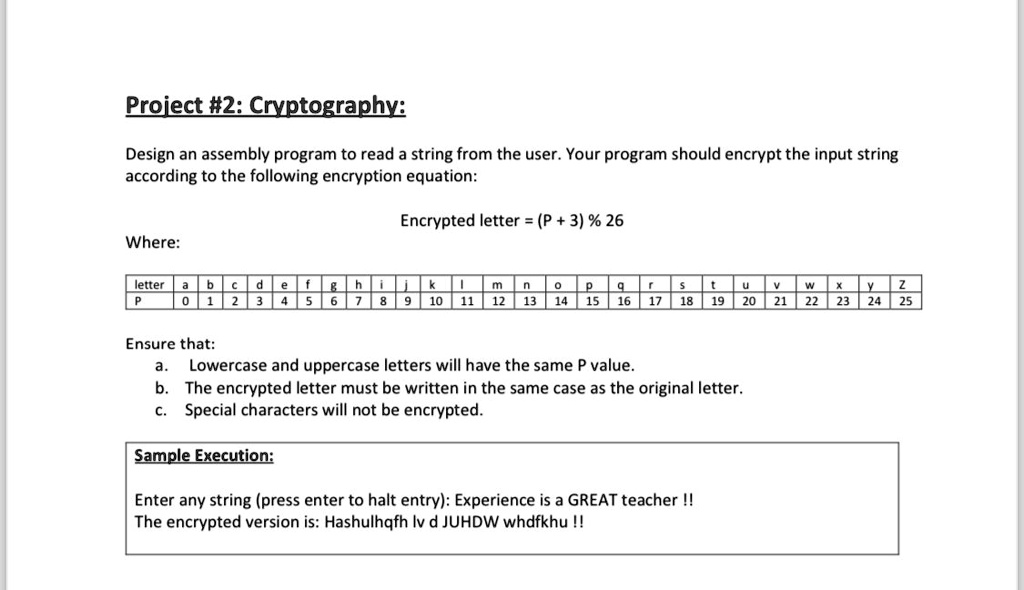 SOLVED: Project #2: Cryptography: Design an assembly program to read a ...