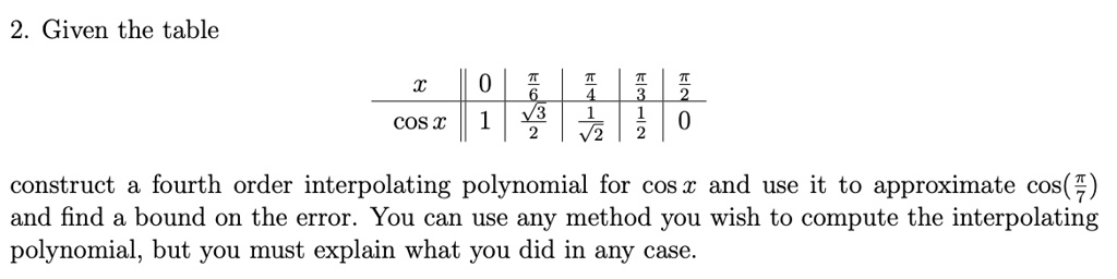 2. Given the table

x     0     (π)/(6)     (π)/(4)     (π)/(3)     (π)/(2) 

cos x     1     (√(3))/(2)     (1)/(√(2))     (1)/(2)     0 


construct a fourth order interpolating polynomial for cos x and use it to approximate cos((π)/(7)) and find a bound on the error. You can use any method you wish to compute the interpolating polynomial, but you must explain what you did in any case.