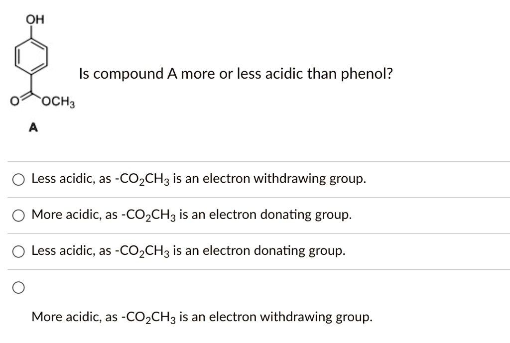 SOLVED Is compound A more or less acidic than phenol? Less acidic; as
