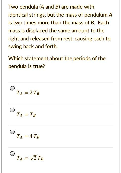 SOLVED:Two pendula (A and B) are made with identical strings, but the ...