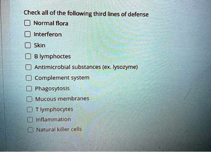 Check all of the following third lines of defense
Normal flora
Interferon
Skin
B lymphoctes
Antimicrobial substances (ex. lysozyme)
Complement system
Phagosytosis
Mucous membranes
T lymphocytes
Inflammation
Natural killer cells