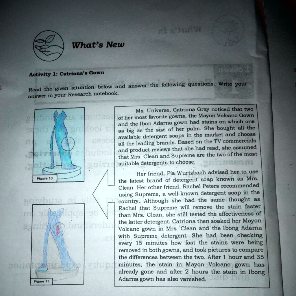 What's New

Activity 1: Catriona's Gown

Read the given situation below and answer the following questions. Write your answer in your Research notebook.

Ms. Universe, Catriona Gray noticed that two of her most favorite gowns, the Mayon Volcano Gown and the Ibon Adarna gown had stains on which one as big as the size of her palm. She bought all the available detergent soaps in the market and choose all the leading brands. Based on the TV commercials and product reviews that she had read, she assumed that Mrs. Clean and Supreme are the two of the most suitable detergents to choose.

Her friend, Pia Wurtzbach advised her to use the latest brand of detergent soap known as Mrs. Clean. Her other friend, Rachel Peters recommended using Supreme, a well-known detergent soap in the country. Although she had the same thought as Rachel that Supreme will remove the stain faster than Mrs. Clean, she still tested the effectiveness of the latter detergent. Catriona then soaked her Mayon Volcano gown in Mrs. Clean and the Ibong Adarna with Supreme detergent. She had been checking every 15 minutes how fast the stains were being removed in both gowns, and took pictures to compare the differences between the two. After 1 hour and 35 minutes, the stain in Mayon Volcano gown has already gone and after 2 hours the stain in Ibong Adarna gown has also vanished.

Figure 10
Figure 11