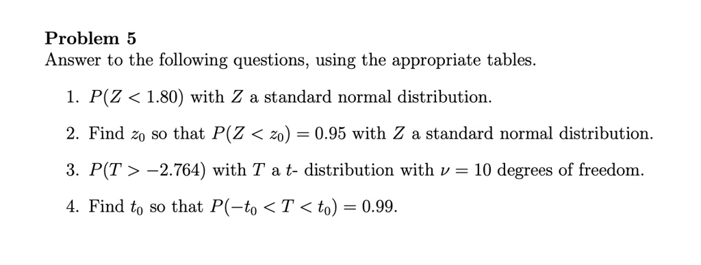 Solved Problem 5 Answer To The Following Questions Using The Appropriate Tables 1 P Z 1 80 With Z Standard Normal Distribution 2 Find Z0 S0 That P Z Zo 0 95 With Z Standard Normal Solved Problem 5 Answer To The Following Questions Using The Appropriate Tables 1 P Z 1 80 With Z Standard Normal Distribution 2 Find Z0 S0 That P Z Zo 0 95 With Z Standard Normal