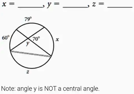 x = , y = , z = 
79°
60°
70°
x
y
z
Note: angle y is NOT a central angle.