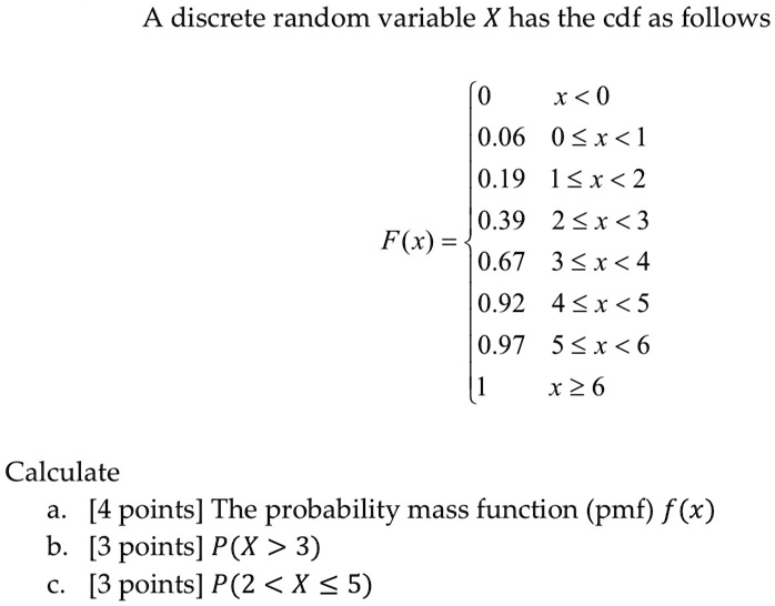 A discrete random variable X has the cdf as follows
F(x) = 
0      x < 0
0.06   0 ? x < 1
0.19   1 ? x < 2
0.39   2 ? x < 3
0.67   3 ? x < 4
0.92   4 ? x < 5
0.97   5 ? x < 6
1      x ? 6
Calculate
a. [4 points] The probability mass function (pmf) f(x)
b. [3 points] P(X > 3)
c. [3 points] P(2 < X ? 5)