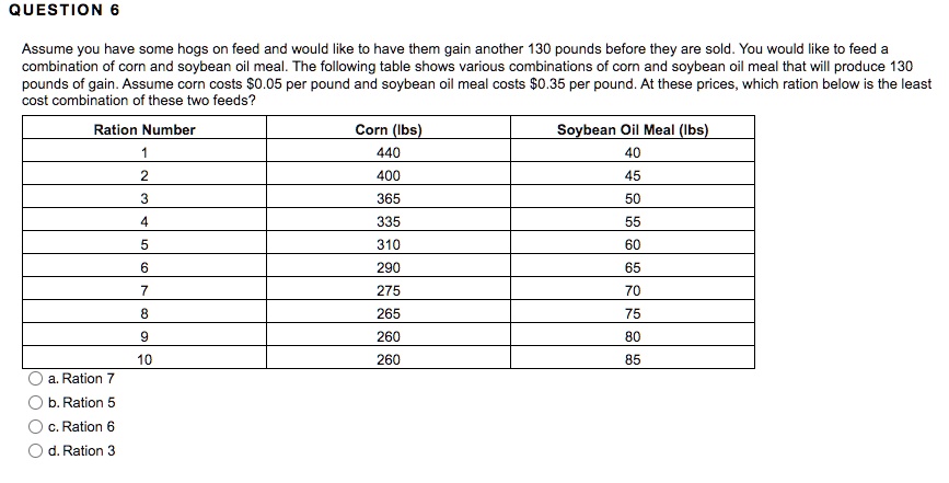 QUESTION 6
Assume you have some hogs on feed and would like to have them gain another 130 pounds before they are sold. You would like to feed a
combination of corn and soybean oil meal. The following table shows various combinations of corn and soybean oil meal that will produce 130
pounds of gain. Assume corn costs 0.05 per pound and soybean oil meal costs0.35 per pound. At these prices, which ration below is the least
cost combination of these two feeds?
Ration Number
Corn (lbs)
Soybean Oil Meal (lbs)
1
440
40
2
400
45
3
365
50
4
335
55
5
310
60
6
290
65
7
275
70
8
265
75
9
260
80
10
260
85
a. Ration 7
b. Ration 5
c. Ration 6
d. Ration 3