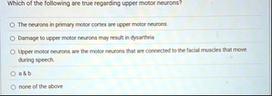 which of the following are true regarding upper motor neurons the neurons in primary motor cortex are upper motor neurons damage to upper motor neurons may result in dysarthria upper motor n 33154