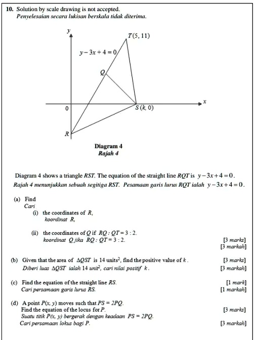 solution by scale drawing acepted penrelesaian secara lukisan berskala idak diterima t511 j jr 4 s 0 diagran rajah diagram shows triangle rst the equation of the straight line rqt is 3140 ra 67533