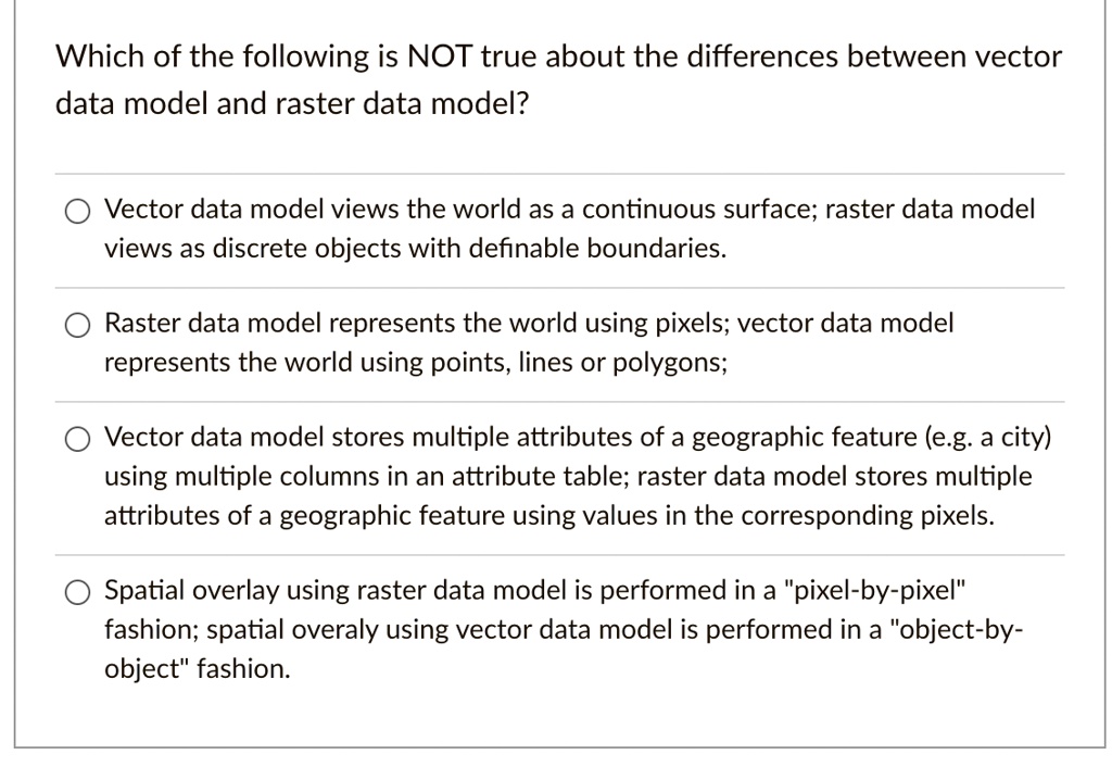 Discrete Object Raster Data Example SOLVED: Which of the following is NOT true about the differences ...