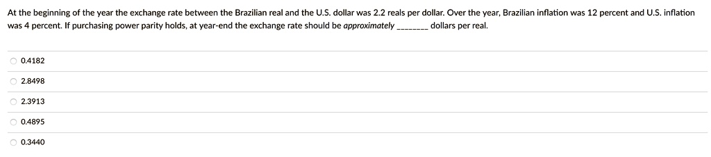 At the beginning of the year the exchange rate between the Brazilian real and the U.S. dollar was 2.2 reals per dollar. Over the year, Brazilian inflation was 12 percent and U.S. inflation was 4 percent. If purchasing power parity holds, at year-end the exchange rate should be approximately  dollars per real.
0.4182
2.8498
2.3913
0.4895
0.3440