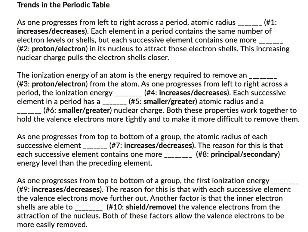 SOLVED Trends in the Periodic Table As one progresses from left