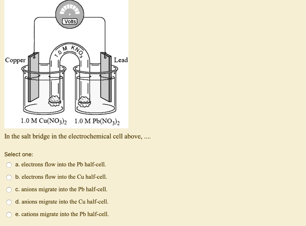 Copper
Volts
1.0 M
KNO3
Lead
1.0 M Cu(NO3)2 1.0 M Pb(NO3)2
In the salt bridge in the electrochemical cell above, 
Select one:
a. electrons flow into the Pb half-cell.
b. electrons flow into the Cu half-cell.
c. anions migrate into the Pb half-cell.
d. anions migrate into the Cu half-cell.
e. cations migrate into the Pb half-cell.