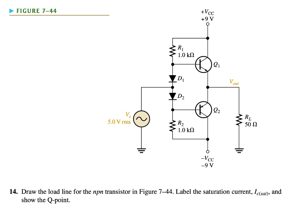 SOLVED > FIGURE 744 +Vcc +9 V R 1.0 kQ 7D Vout D2 V 5.0 V rms R2 1.0