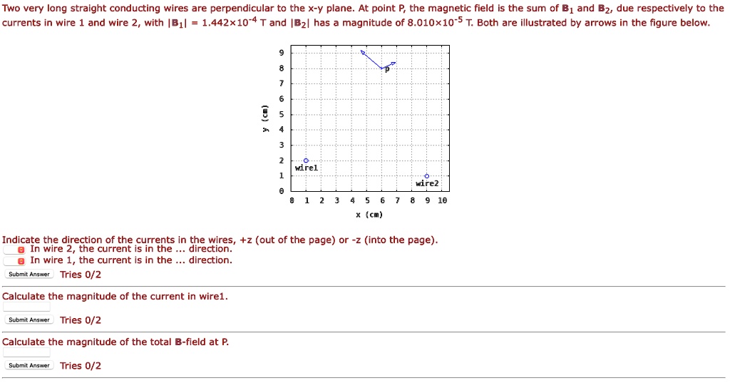 Two very long straight conducting wires are perpendicular to the x-y plane. At point P, the magnetic field is the sum of B1 and B2, due respectively to the currents in wire 1 and wire 2, with |B1| = 1.442x10^-4 T and |B2| has a magnitude of 8.010x10^-5 T. Both are illustrated by arrows in the figure below.

y (cm)
10 9 8 7 6 5 4 3 2 1 0
0 1 2 3 4 5 6 7 8 9 10
x (cm)
wire1
wire2
p

Indicate the direction of the currents in the wires, +z (out of the page) or -z (into the page).
In wire 2, the current is in the ... direction.
In wire 1, the current is in the ... direction.

Calculate the magnitude of the current in wire1.

Calculate the magnitude of the total B-field at P.