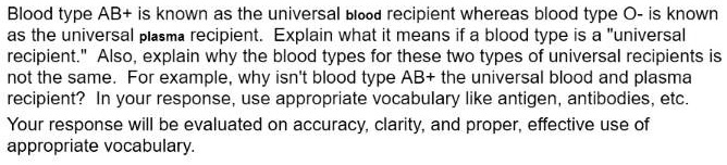 SOLVED: Blood type AB+ is known as the universal blood recipient ...