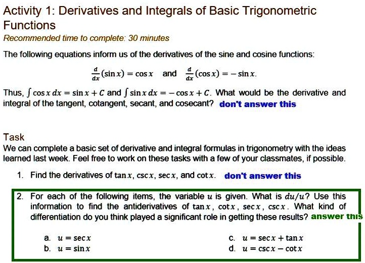 SOLVED Activity 1Derivatives and Integrals of Basic Trigonometric