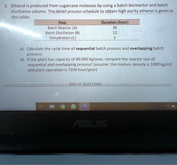 Ethanol is produced from sugarcane molasses by using a batch bioreactor
