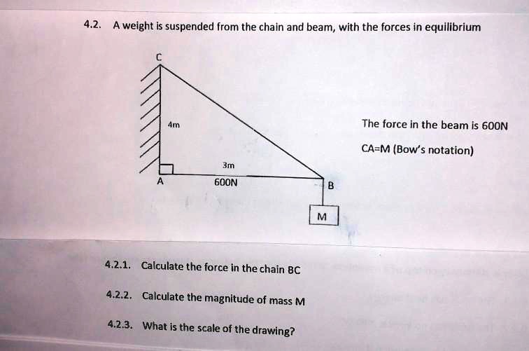 4.2. A weight is suspended from the chain and beam, with the forces in equilibrium
C
4m
3m
600N
A
B
M
The force in the beam is 600N
CA=M (Bow's notation)
4.2.1. Calculate the force in the chain BC
4.2.2. Calculate the magnitude of mass M
4.2.3. What is the scale of the drawing?