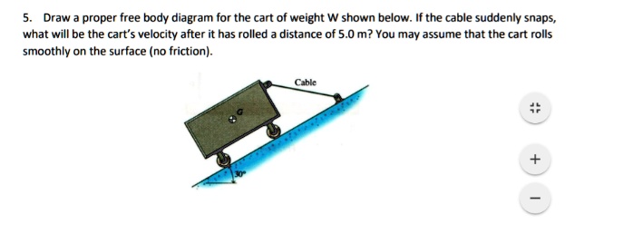 5. Draw a proper free body diagram for the cart of weight W shown below. If the cable suddenly snaps,
what will be the cart's velocity after it has rolled a distance of 5.0 m? You may assume that the cart rolls
smoothly on the surface (no friction).