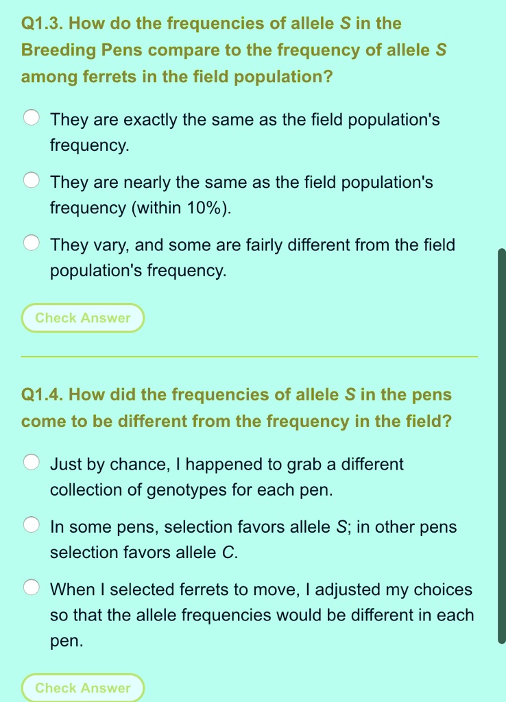 Q1.3. How do the frequencies of allele S in the Breeding Pens compare to the frequency of allele S among ferrets in the field population?
They are exactly the same as the field population's frequency.
They are nearly the same as the field population's frequency (within 10%).
They vary, and some are fairly different from the field population's frequency.
Check Answer
Q1.4. How did the frequencies of allele S in the pens come to be different from the frequency in the field?
Just by chance, I happened to grab a different collection of genotypes for each pen.
In some pens, selection favors allele S; in other pens selection favors allele C.
When I selected ferrets to move, I adjusted my choices so that the allele frequencies would be different in each pen.
Check Answer