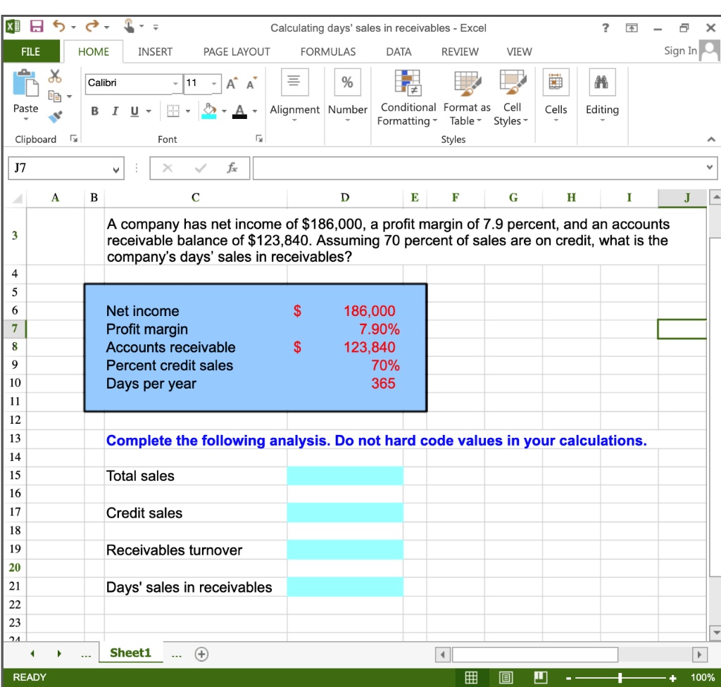 Solved Calculating Days Sales In Receivables In Excel File Home Insert Page Layout Formulas 0689