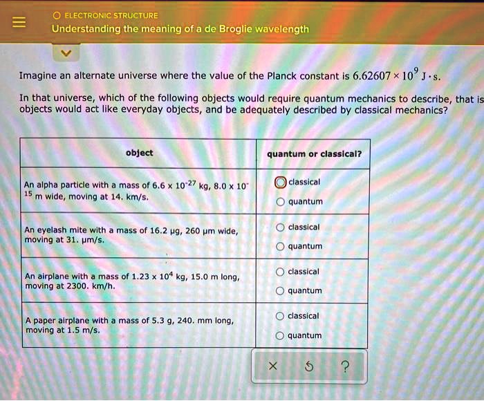 Solved 0 Electronic Structure Understanding The Meaning Of A De Broglie Wavelength Imagine A Alternate Universe Where The Value Of The Planck Constant Is 6 X109 J 8 In That Universe Which Of