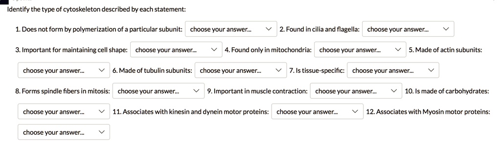 Identify the type of cytoskeleton described by each statement:

1. Does not form by polymerization of a particular subunit:
2. Found in cilia and flagella:
3. Important for maintaining cell shape:
4. Found only in mitochondria:
5. Made of actin subunits:
6. Made of tubulin subunits:
7. Is tissue-specific:
8. Forms spindle fibers in mitosis:
9. Important in muscle contraction:
10. Is made of carbohydrates:
11. Associates with kinesin and dynein motor proteins:
12. Associates with Myosin motor proteins: