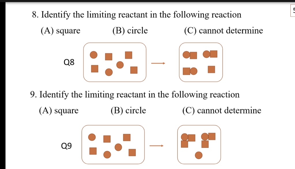 8. Identify the limiting reactant in the following reaction
(A) square (B) circle (C) cannot determine
Q8
9. Identify the limiting reactant in the following reaction
(A) square (B) circle (C) cannot determine
Q9