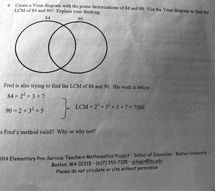 SOLVED: Create Venn diagram with the prime factorizations of 84 and 90 ...