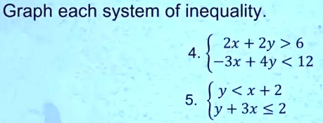 Graph each system of inequality.
4.  2x + 2y > 6  -3x + 4y < 12 
5.  y < x + 2  y + 3x ≤2 
