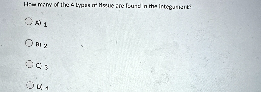 How many of the 4 types of tissue are found in the integument?
A) 1
B) 2
C) 3
D) 4