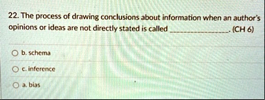 the process of drawing conclusions about information when an authors opinions or ideas are not directly stated is called ch 6 b schema c inference a bias 28378