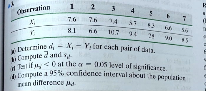 3. Observation 1 2 3 4 5 6 7 Xi 7.6 7.6 7.4 5.7 8.3 6.6 5.6 Yi 8.1 6.6 10.7 9.4 7.8 9.0 8.5 (a) Determine di = Xi – Yi for each pair of data. (b) Compute d? and sd. (c) Test if ?d < 0 at the ? = 0.05 level of significance. (d) Compute a 95% confidence interval about the population mean difference ?d.