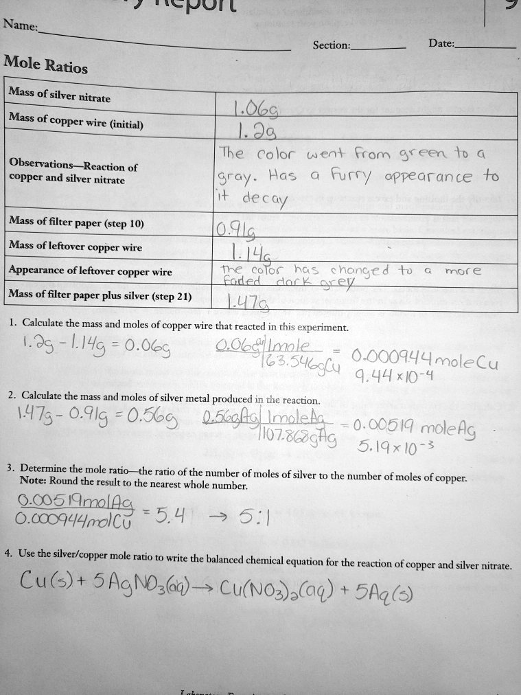 SOLVED Text Tcnuil Section Date Mole Ratios Mass of silver nitrate