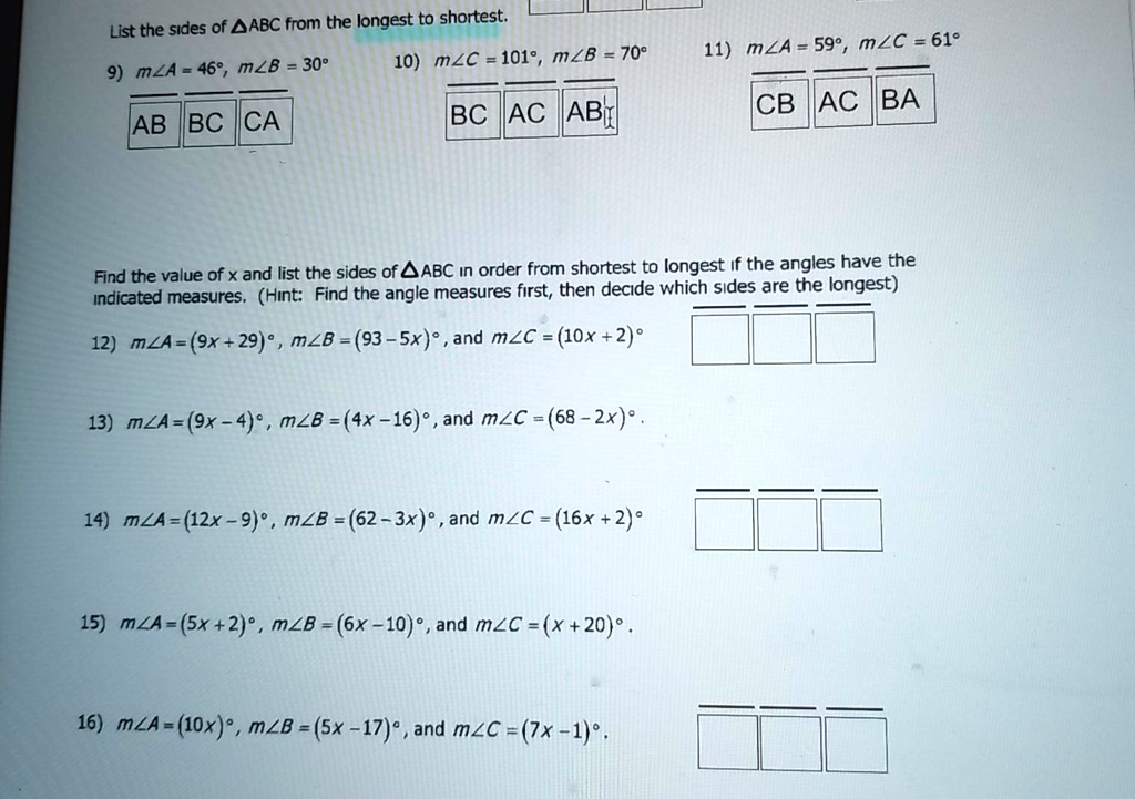 Solved List The Sides Of bc From The Longest To Shortest 10 Mzc 101 Mzb 708 9 Mza 46 Mzb 309 Ca Ac Abi Ab