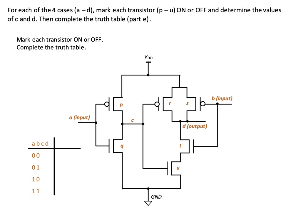 SOLVED: ' For each of the 4 cases (a -d), mark each transistor (p - u ...