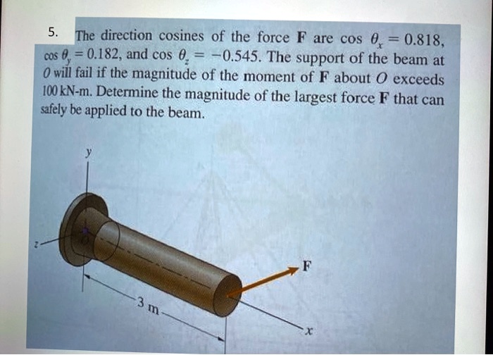The direction cosines of the force F are cos ?x = 0.818, cos ?y = 0.182, and cos ?z = -0.545. The support of the beam at O will fail if the magnitude of the moment of F about O exceeds 100 kN-m. Determine the magnitude of the largest force F that can safely be applied to the beam.