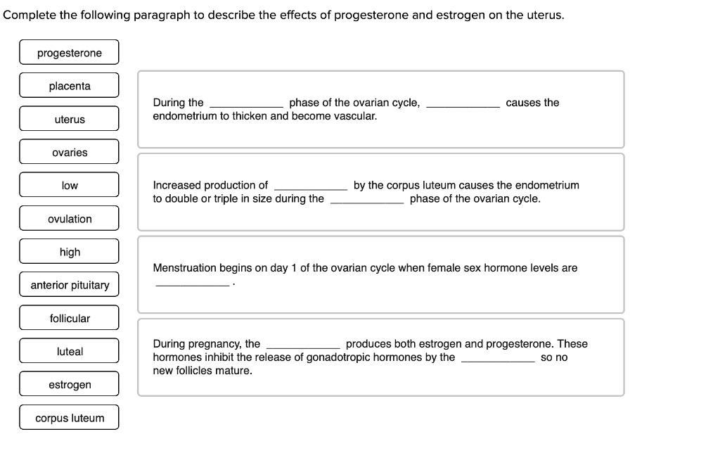 Complete the following paragraph to describe the effects of progesterone and estrogen on the uterus.

progesterone
placenta
uterus
ovaries
low
ovulation
high
anterior pituitary
follicular
luteal
estrogen
corpus luteum

During the  phase of the ovarian cycle,  causes the endometrium to thicken and become vascular.

Increased production of  by the corpus luteum causes the endometrium to double or triple in size during the  phase of the ovarian cycle.

Menstruation begins on day 1 of the ovarian cycle when female sex hormone levels are .

During pregnancy, the  produces both estrogen and progesterone. These hormones inhibit the release of gonadotropic hormones by the  so no new follicles mature.