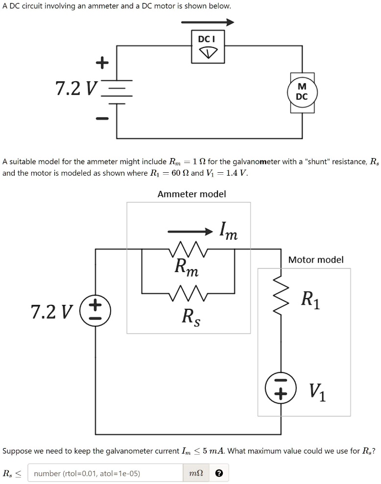 SOLVED A DC circuit involving an ammeter and a DC motor is shown below DCI + 7.2V M DC A