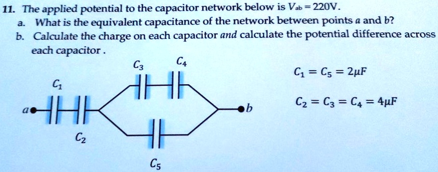 SOLVED: 1L. The applied potential to the capacitor network below is Vab ...