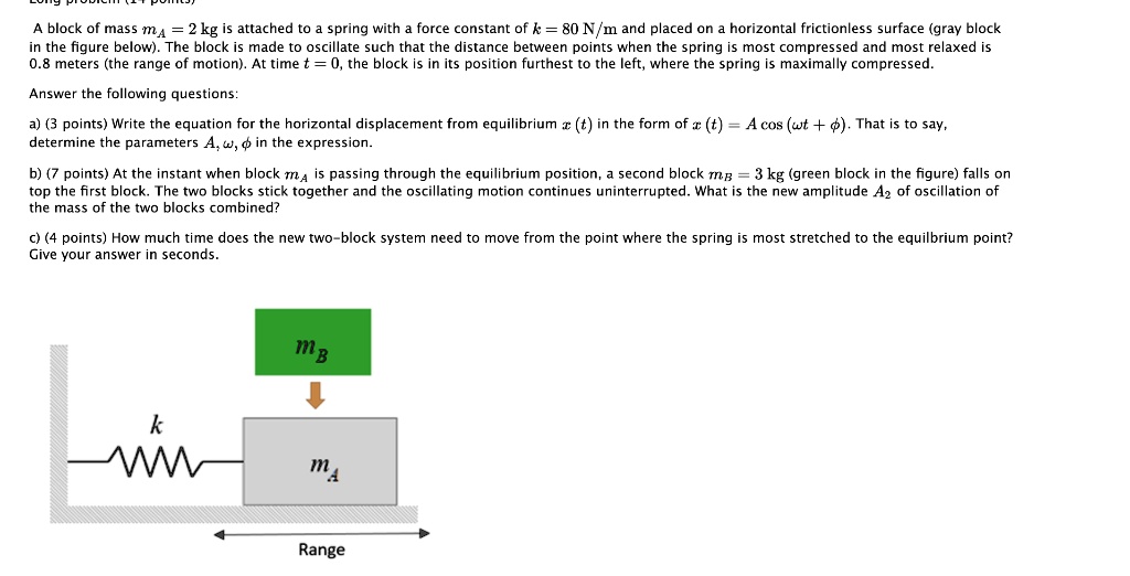 A block of mass mA = 2 kg is attached to a spring with a force constant of k = 80 N/m and placed on a horizontal frictionless surface (gray block in the figure below). The block is made to oscillate such that the distance between points when the spring is most compressed and most relaxed is 0.8 meters (the range of motion). At time t = 0, the block is in its position furthest to the left, where the spring is maximally compressed.

Answer the following questions:

a) (3 points) Write the equation for the horizontal displacement from equilibrium x (t) in the form of x (t) = A cos (wt + phi). That is to say, determine the parameters A, w, phi in the expression.

b) (7 points) At the instant when block mA is passing through the equilibrium position, a second block mB = 3 kg (green block in the figure) falls on top the first block. The two blocks stick together and the oscillating motion continues uninterrupted. What is the new amplitude A2 of oscillation of the mass of the two blocks combined?

c) (4 points) How much time does the new two-block system need to move from the point where the spring is most stretched to the equilibrium point? Give your answer in seconds.