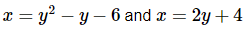 ( x=y^2-y-6 ) and ( x=2 y+4 )
