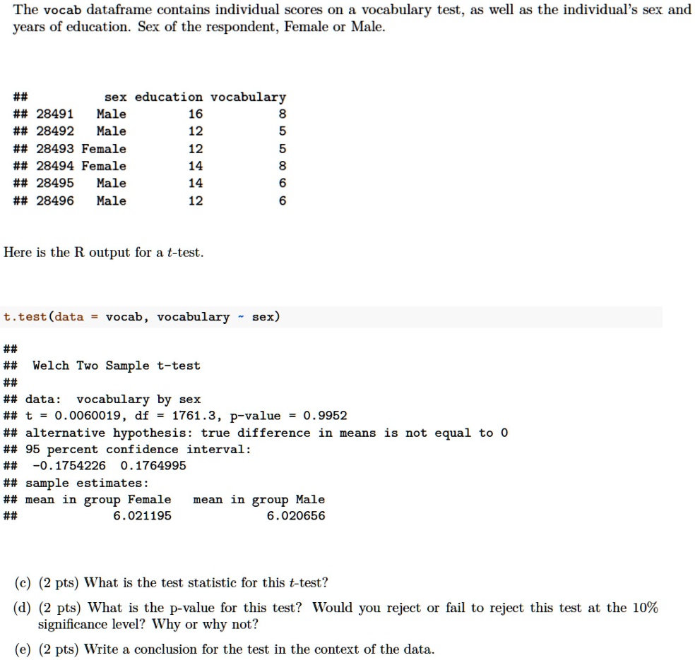 The vocab dataframe contains individual scores on a vocabulary test, as well as the individual's sex and years of education. Sex of the respondent, Female or Male.

sex education vocabulary
28491 Male 16 8
28492 Male 12 5
28493 Female 12 5
28494 Female 14 8
28495 Male 14 6
28496 Male 12 6

Here is the R output for a t-test.

t.test(data = vocab, vocabulary   sex)

Welch Two Sample t-test

data: vocabulary by sex
t = 0.0060019, df = 1761.3, p-value = 0.9952
alternative hypothesis: true difference in means is not equal to 0
95 percent confidence interval:
-0.1754226 0.1764995
sample estimates:
mean in group Female mean in group Male
6.021195 6.020656

(c) (2 pts) What is the test statistic for this t-test?
(d) (2 pts) What is the p-value for this test? Would you reject or fail to reject this test at the 10% significance level? Why or why not?
(e) (2 pts) Write a conclusion for the test in the context of the data.