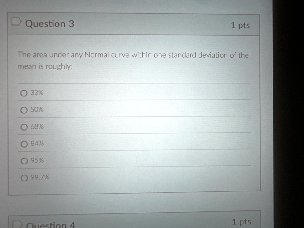 question 3 1 pts the area under any normal curve within one standard deviation of the mean is roughly 33 50 68 84 95 997 question 4 1 pts 38806