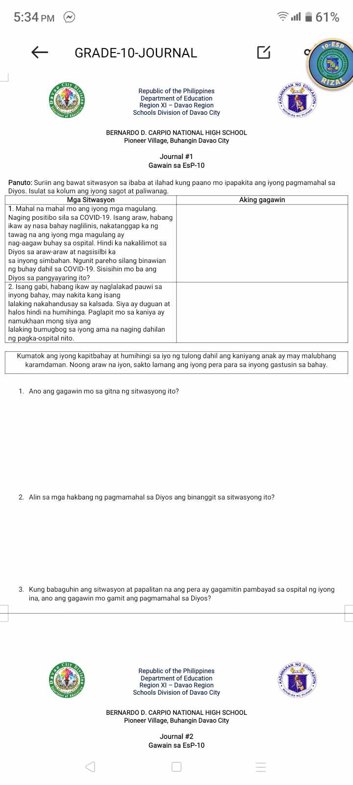 SOLVED 534 PM ?? 61 ← GRADE10JOURNAL Republic of the Philippines
