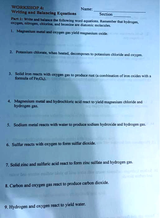 SOLVED A Name Writing and Balancing Equations Section Part