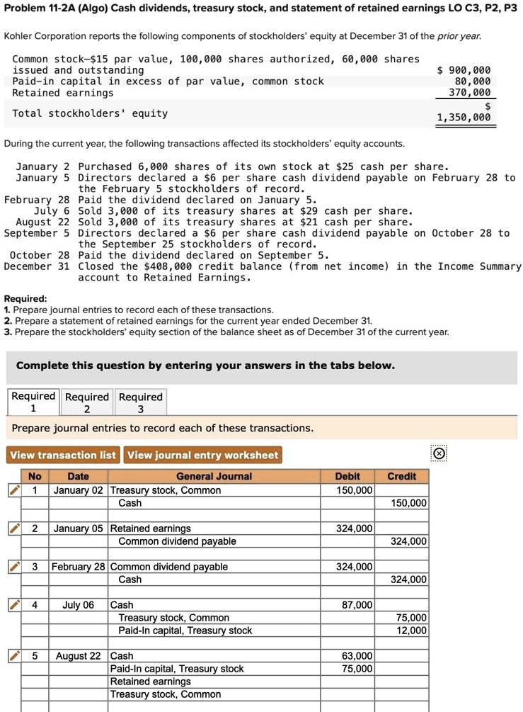 Solved: Problem 11-2a (algo) Cash Dividends, Treasury Stock, And 