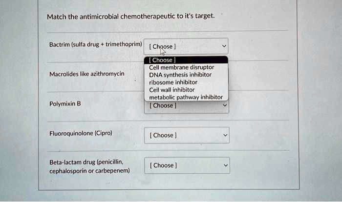 Match the antimicrobial chemotherapeutic to it's target.

Bactrim (sulfa drug + trimethoprim)
Macrolides like azithromycin
Polymixin B
Fluoroquinolone (Cipro)
Beta-lactam drug (penicillin, cephalosporin or carbepenem)

Cell membrane disruptor
DNA synthesis inhibitor
ribosome inhibitor
Cell wall inhibitor
metabolic pathway inhibitor