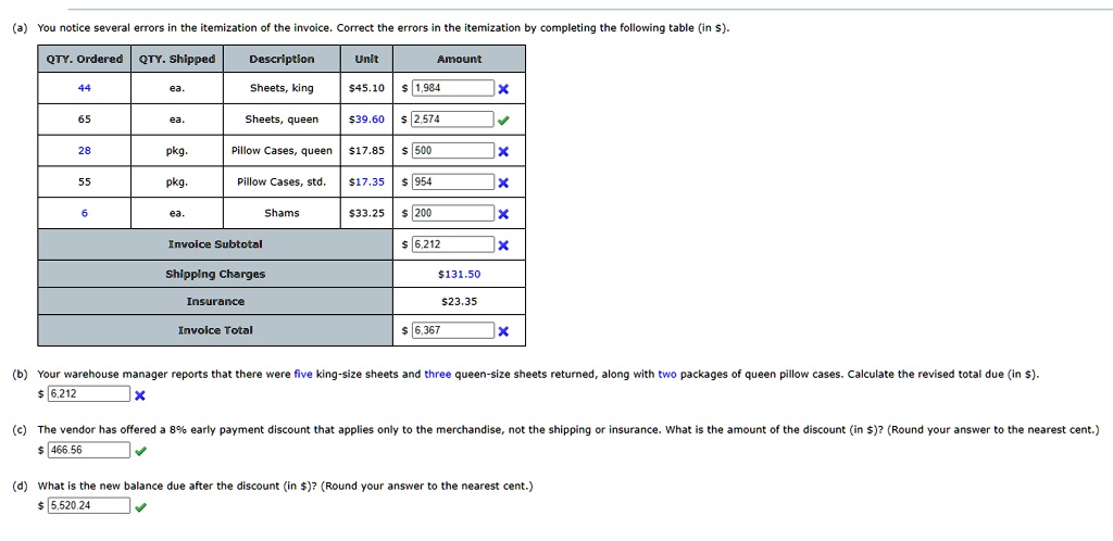 SOLVED: (a) You notice several errors in the itemization of the invoice ...